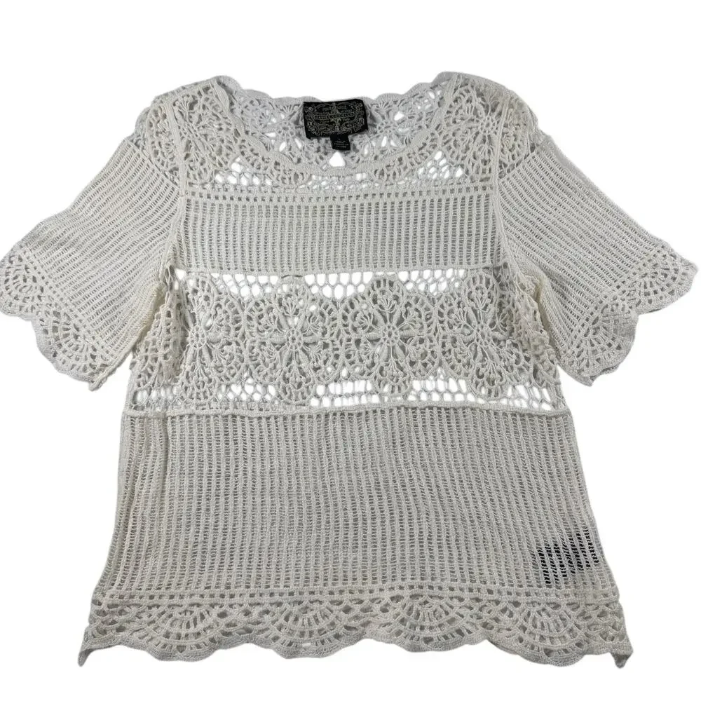 James Coviello Anthropologie Crochet Lace Top Boho Ivory Size L